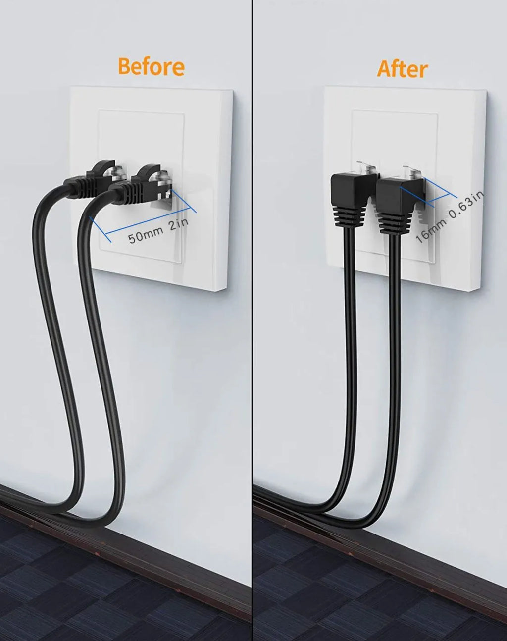 Black Cat6 Ethernet cable with right-angle metal RJ45 connector showing different orientation options