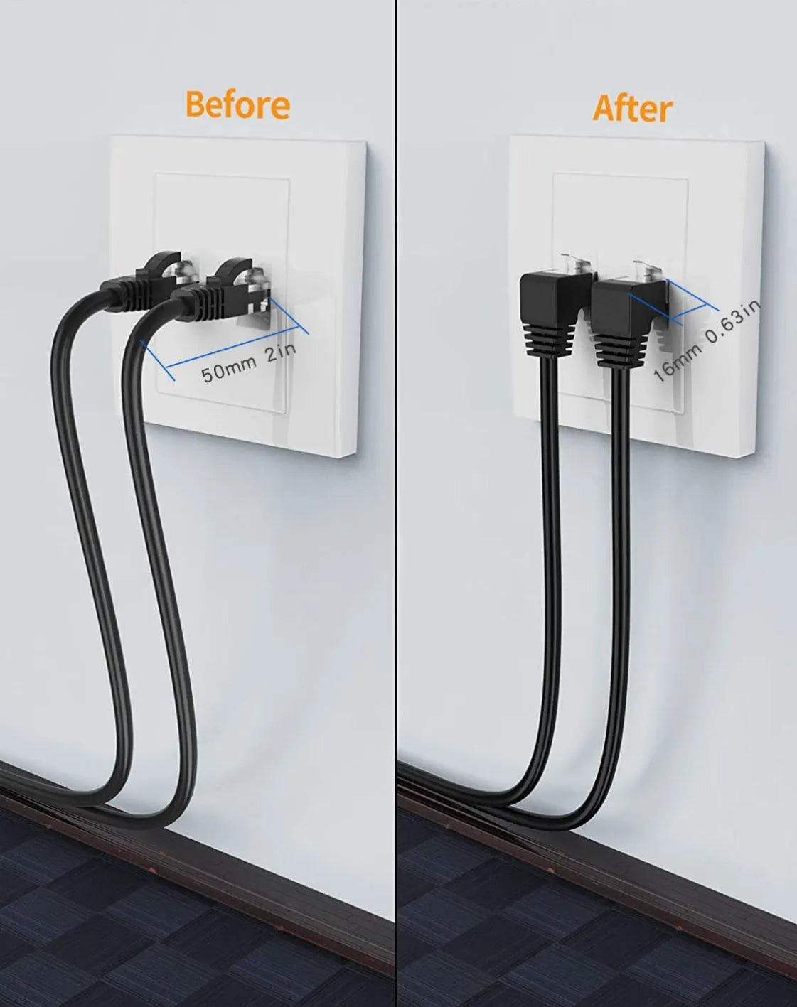 Black Cat6 Ethernet cable with right-angle metal RJ45 connector showing different orientation options