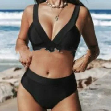 Women's solid colour polyester bikini set showing top and pants in black