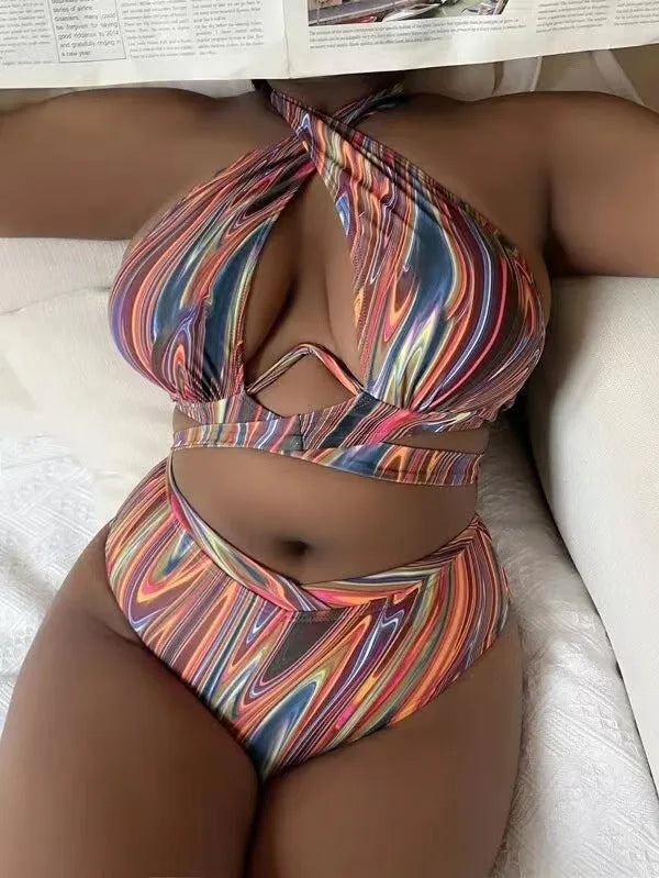 Women's plus size high-waist floral bikini swimsuit in picture colour