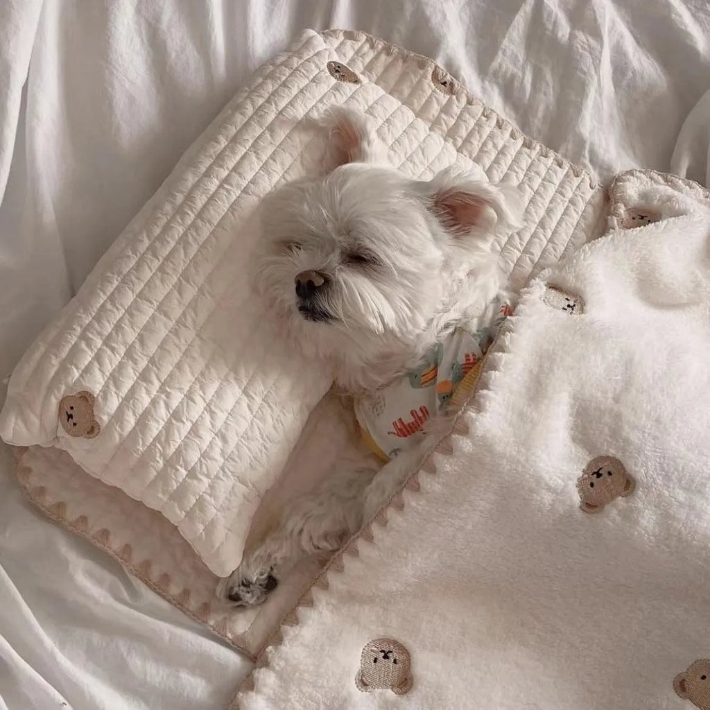 Simple Bear design dog bed set with pillow, mattress and comforter on grey background