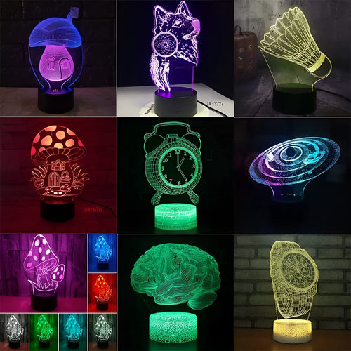 3D LED desk lamp with colourful acrylic design and remote control on wooden desk