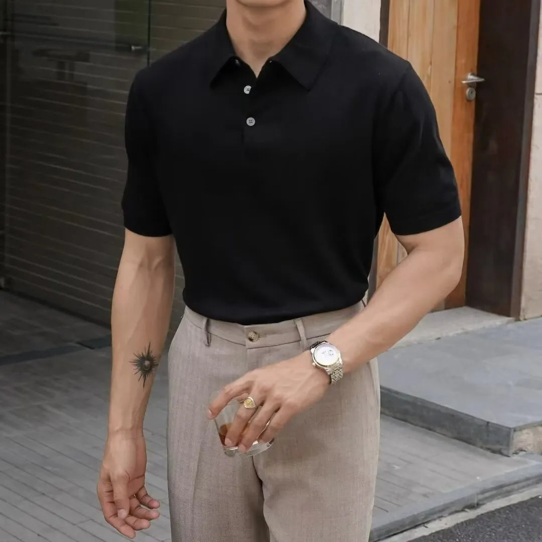Men's ice silk and cotton blend polo shirt with knitted collar, short sleeves, shown in multiple colour options.