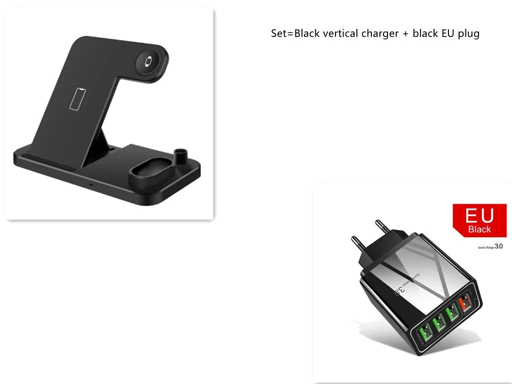 Black 4-in-1 wireless charger with magnetic phone stand charging an iPhone, Apple Watch, and AirPods.