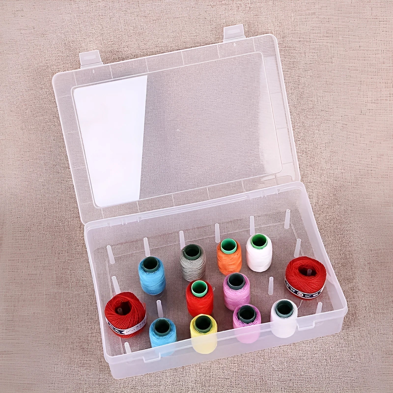 Blue 42-compartment PP plastic embroidery thread and sewing tool storage box.