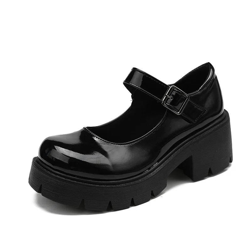 Chunky-heeled thick-soled JK uniform pumps for women with belt buckle in matte black