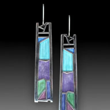 Silver water drop shaped women's earrings with irregular oil colour texture