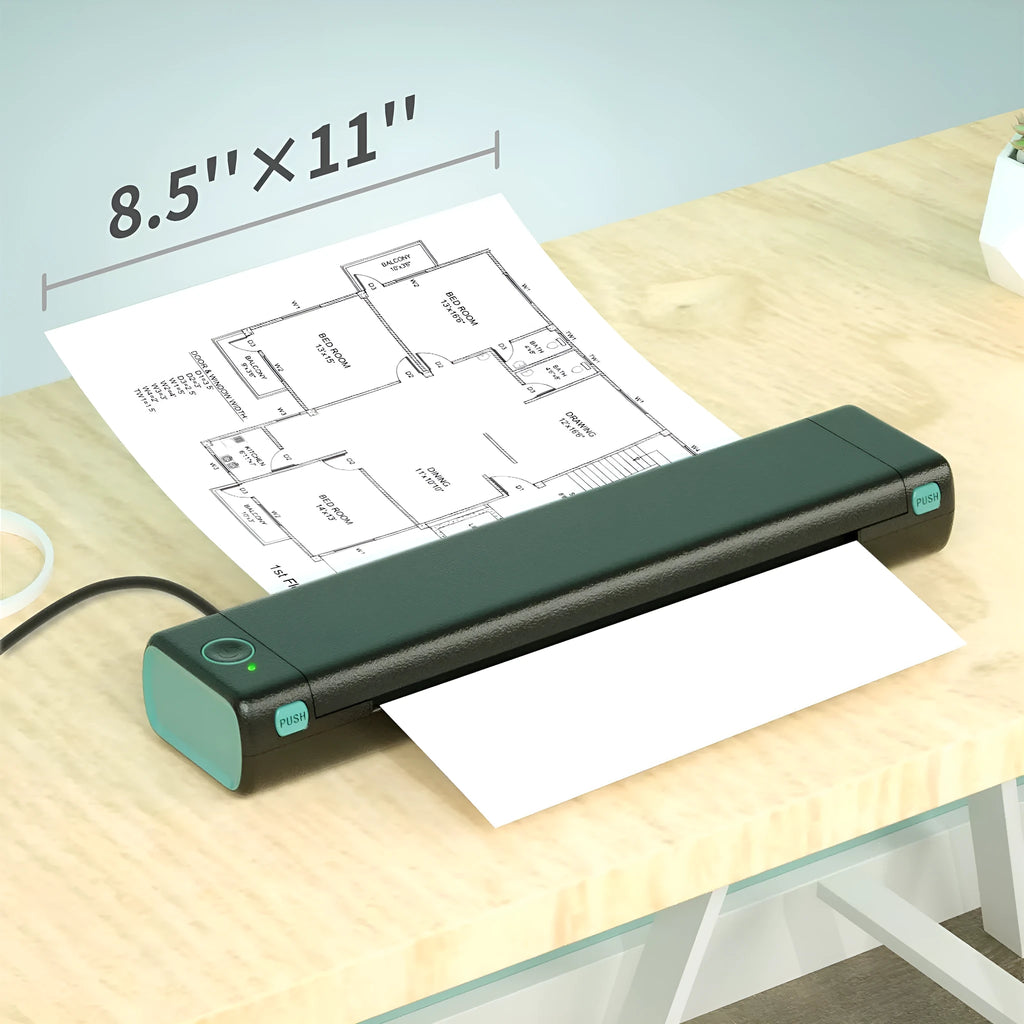 Phomemo M08F portable A4 thermal printer in various colours with charging cable