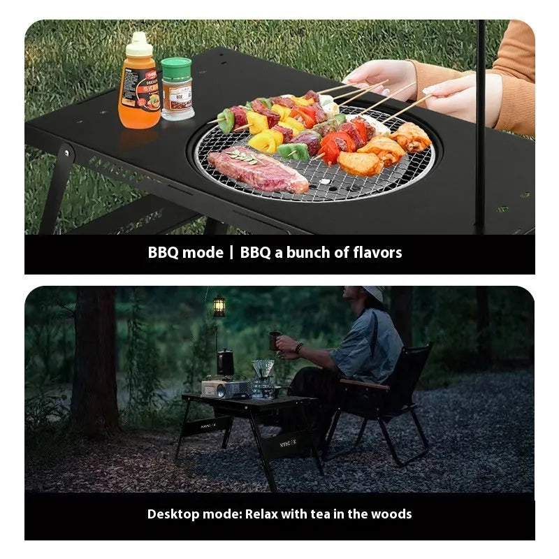 Folding multi-functional travel barbecue table with steel construction for camping