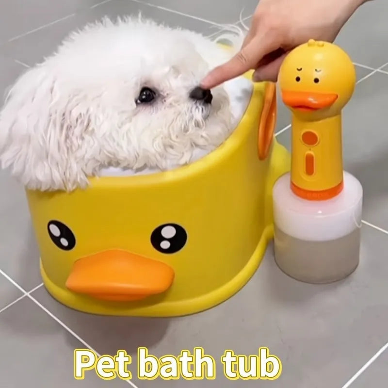 Blue duck-shaped PVC bath tub for washing dogs and cats on a patio.