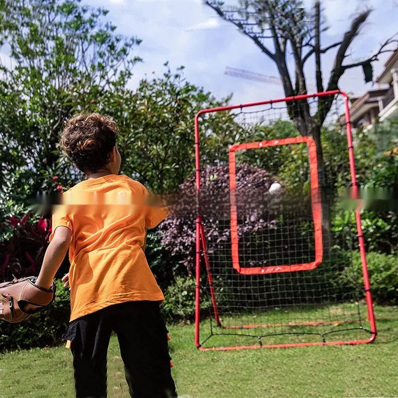 Red adjustable portable baseball training net with metal frame measuring 4x6 feet