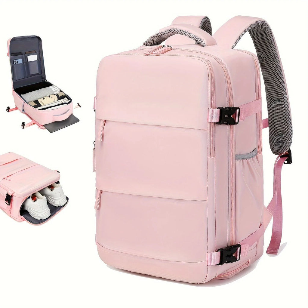 Large black nylon luggage backpack for men with multiple compartments, shown from a side angle.