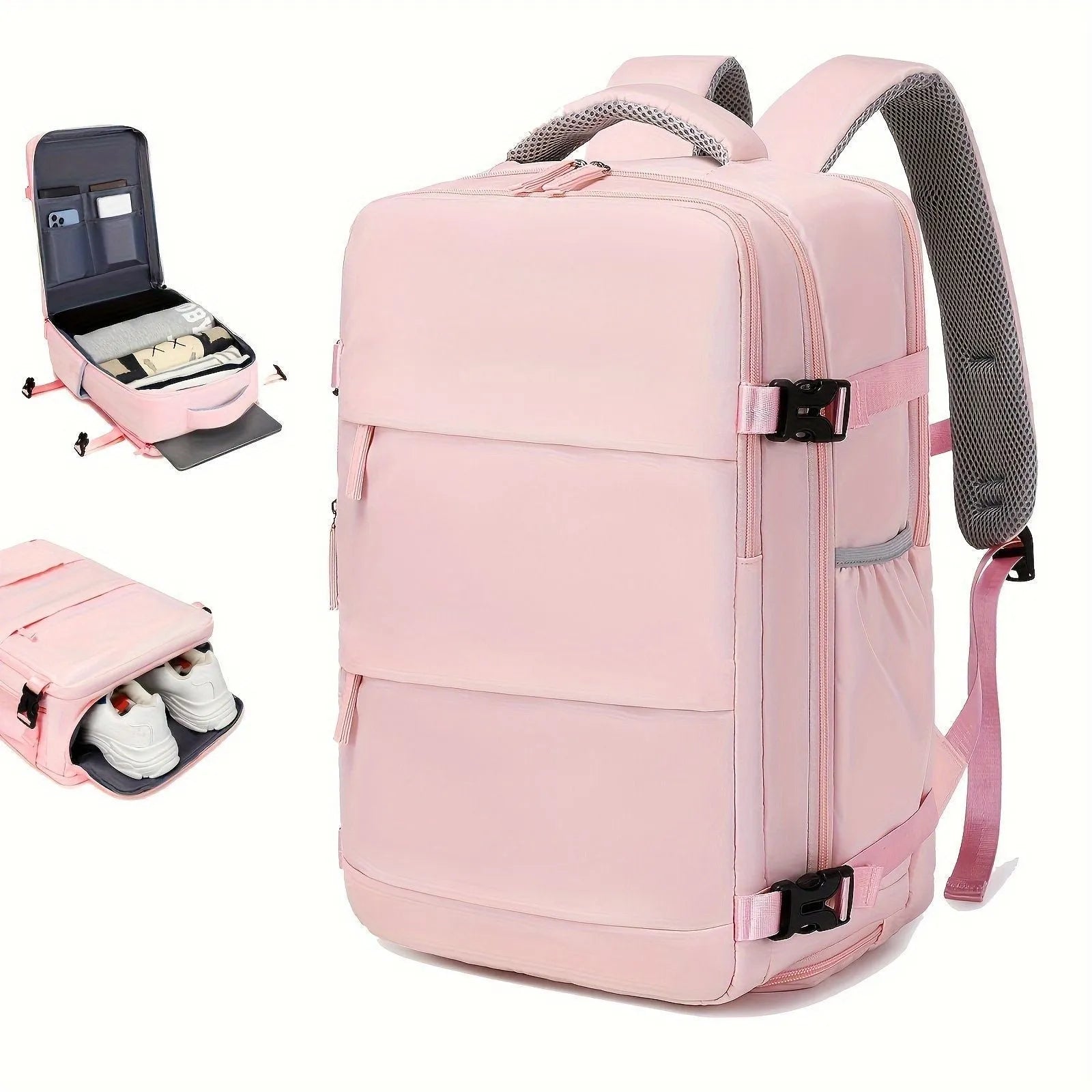 Large black nylon luggage backpack for men with multiple compartments, shown from a side angle.