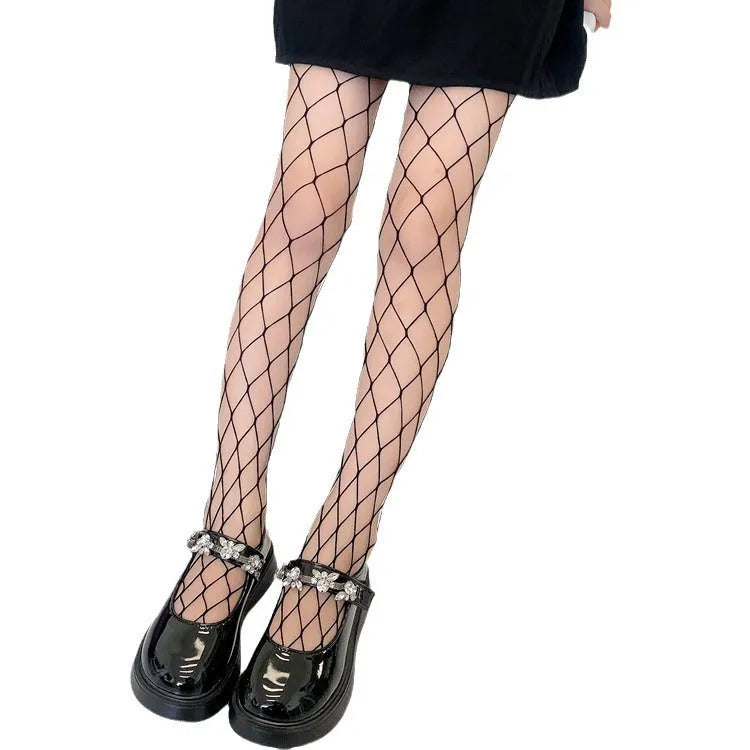 Women's sheer mesh pantyhose showing large, medium and small pattern options in black and white colours