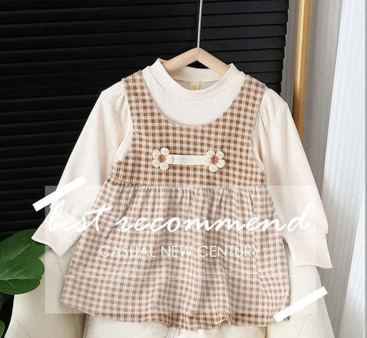 Baby girl wearing dark coffee plaid Korean style dress suit with matching shirt
