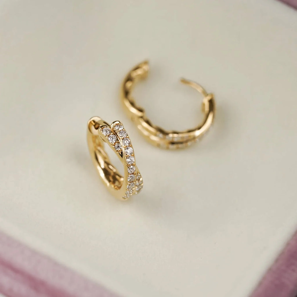 Double row cross 5A zircon twist earrings, 925 silver with 18K gold plate, 9mm inner diameter, 12mm outer diameter