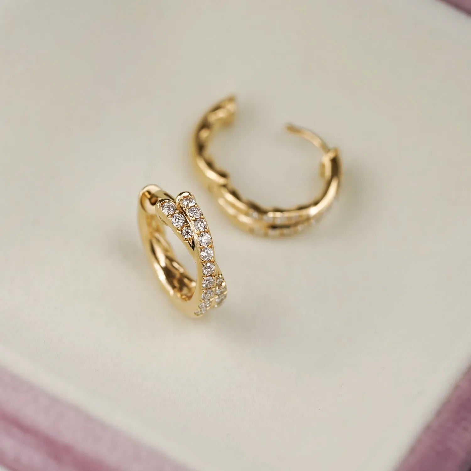 Double row cross 5A zircon twist earrings, 925 silver with 18K gold plate, 9mm inner diameter, 12mm outer diameter
