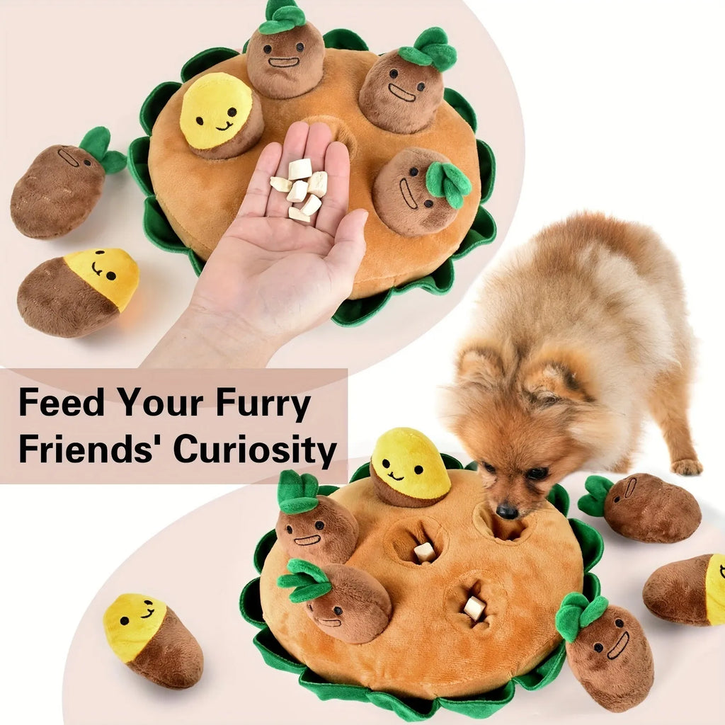 Yellow interactive dog puzzle pad with removable squeaky plush toys for foraging and slow feeding