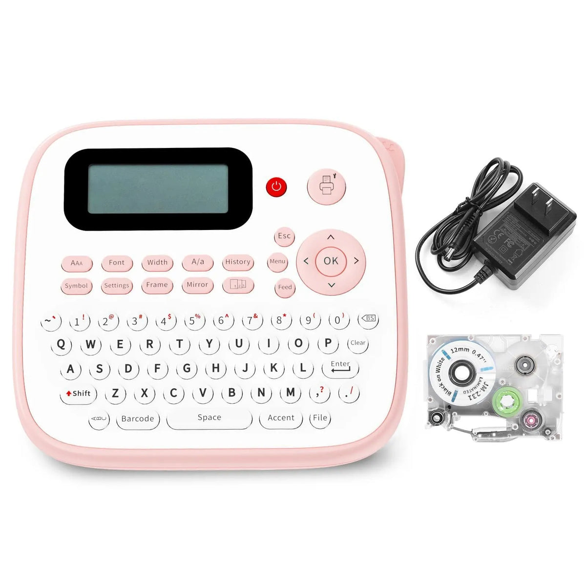 Mini portable label printer in pink with Bluetooth connectivity and thermal printing