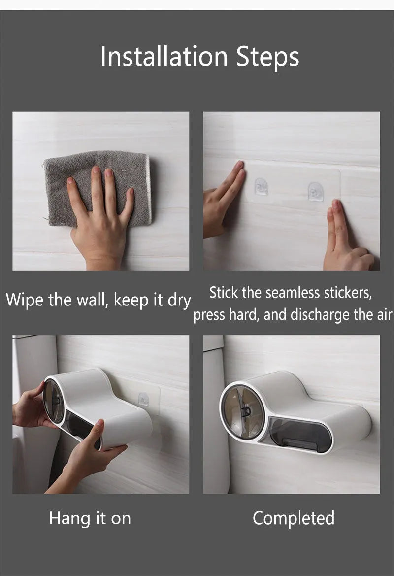 White plastic bathroom roll holder with a streamline curve design on a bathroom surface.