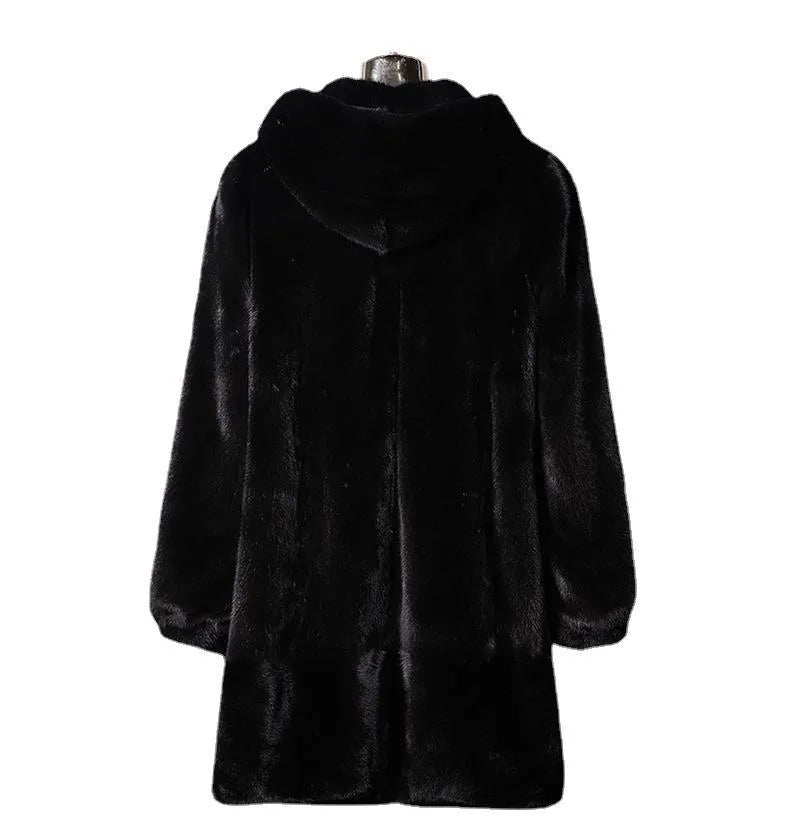 Women's black faux fur hooded casual coat for autumn and winter street fashion.