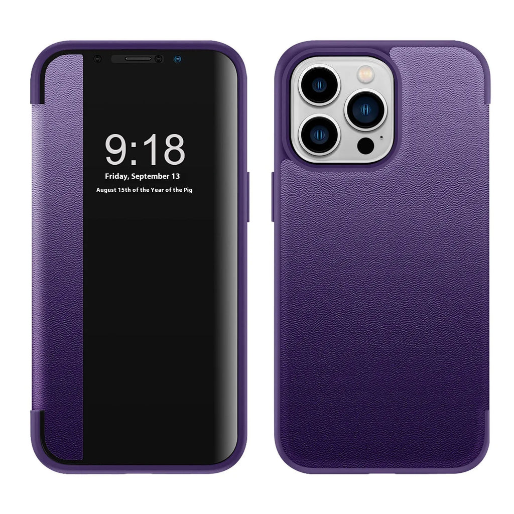 Plain black leather business flip phone case with anti-drop function for iPhone 14 Pro Max