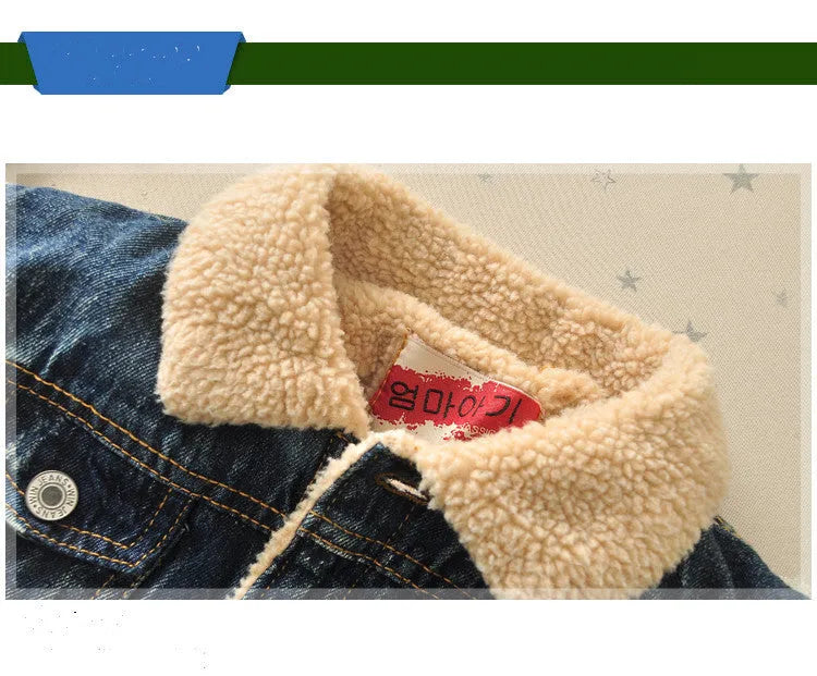 Children's baby thickened Korean style fur collar denim jacket in denim colour with square collar