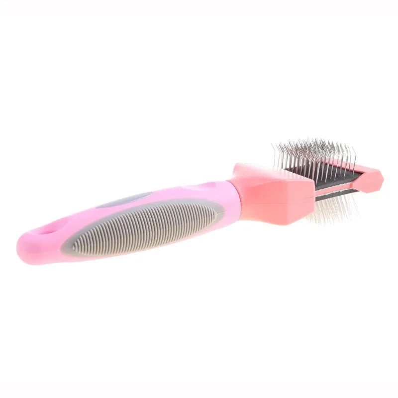 Double-sided blue pet grooming brush with stainless steel pins on one side and soft plastic bristles on the other.