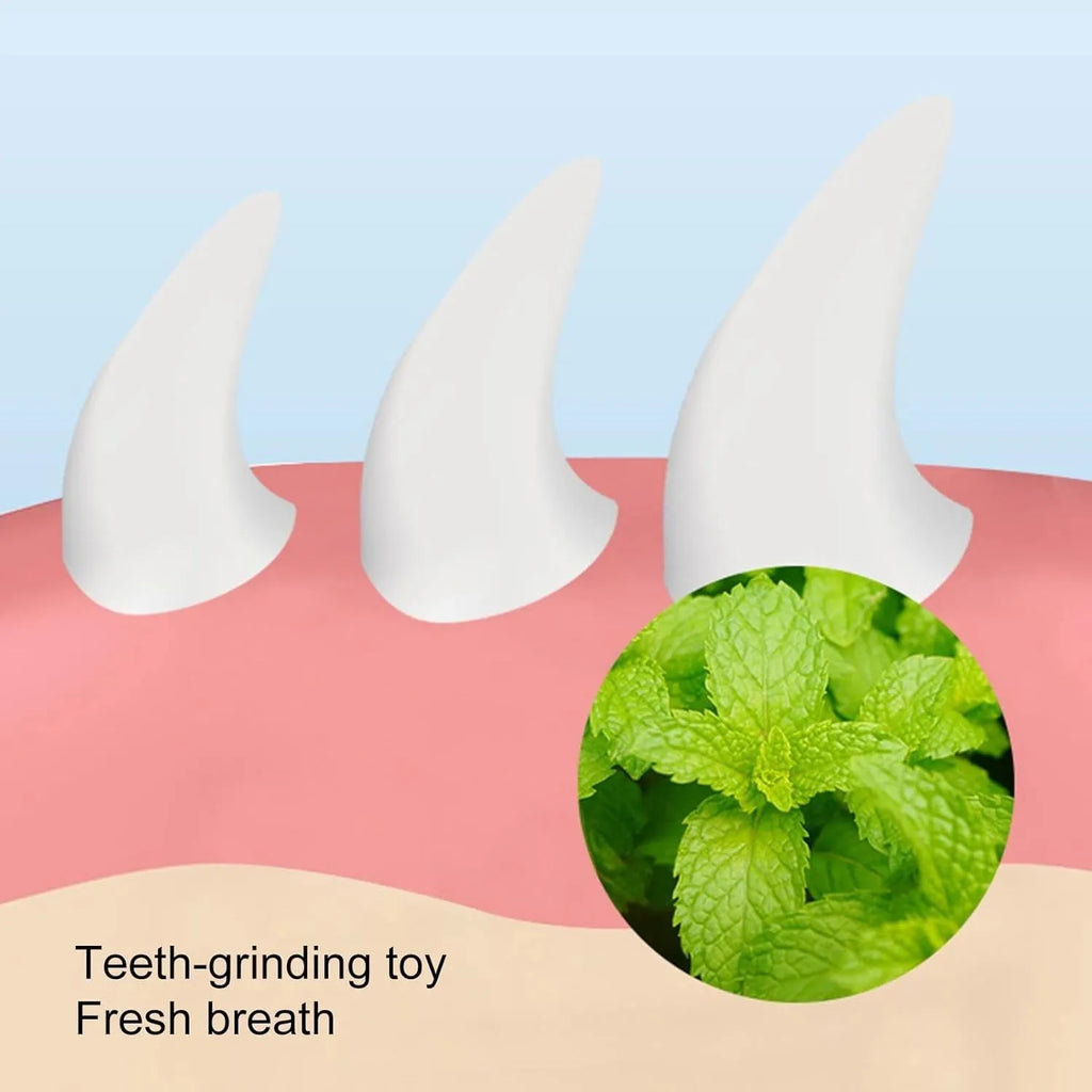 Blue carrot-shaped catnip ball with adhesive backing for wall mounting and dental cleaning