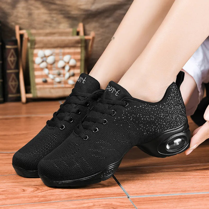 Spring summer mesh mid-heel dance shoes for women in black with round toe and soft sole