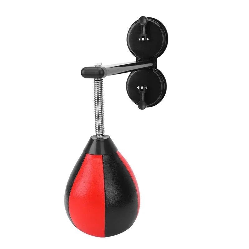 Inflatable pear-shaped red and black boxing punching ball on elastic rope with suction cup wall mount.