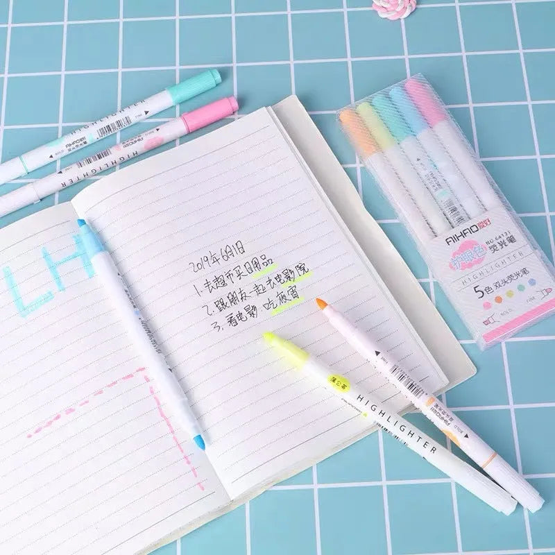 Double head gel highlighter pen set in five eye protection colours with plug-in design