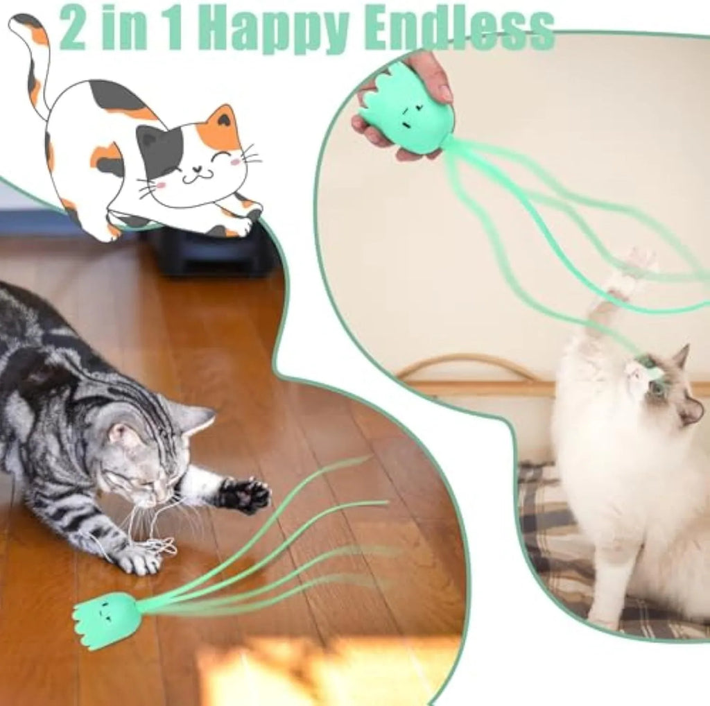 Green rechargeable automatic electronic cat wand toy with swinging silicone tail on a wooden floor