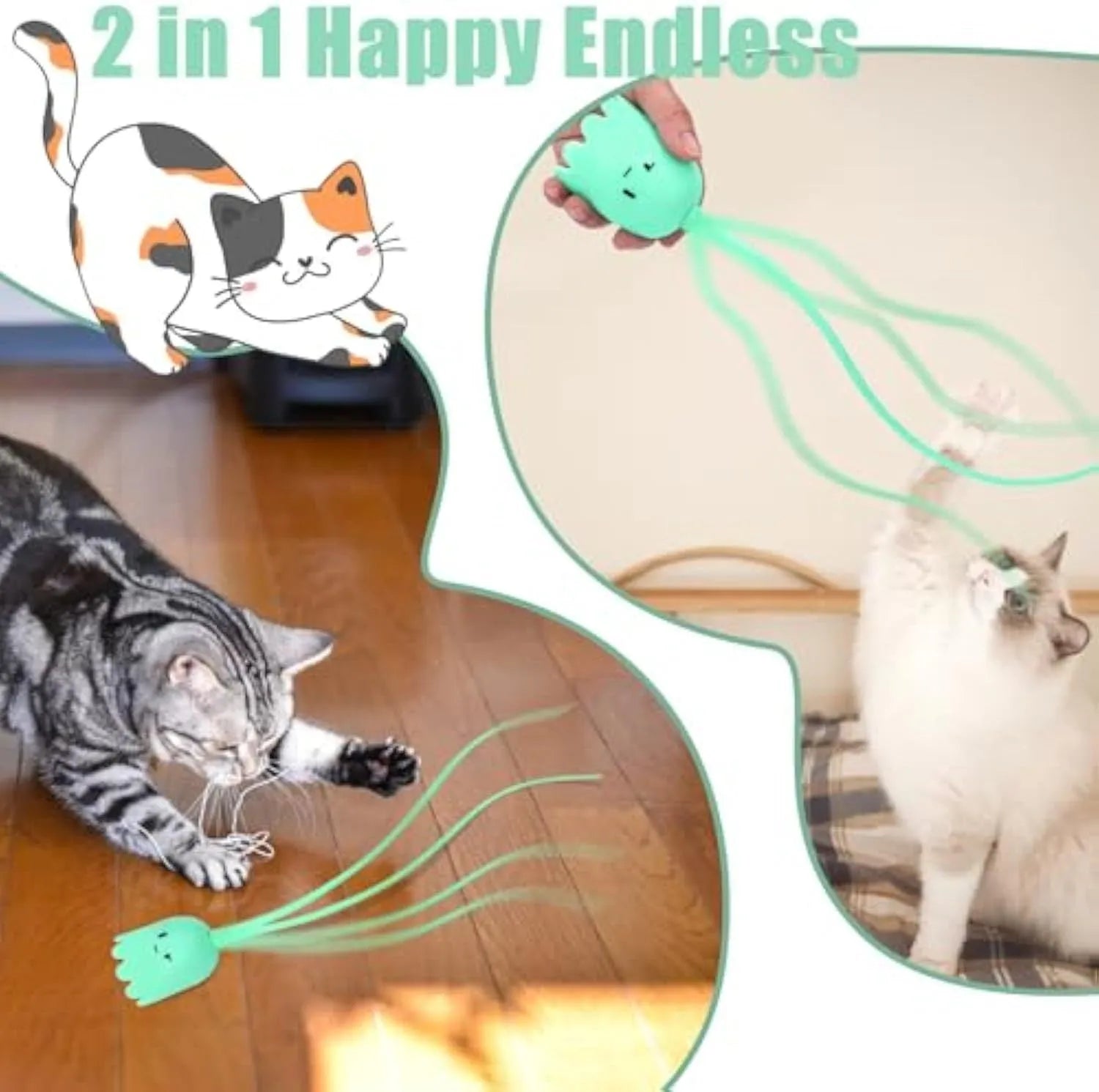 Green rechargeable automatic electronic cat wand toy with swinging silicone tail on a wooden floor