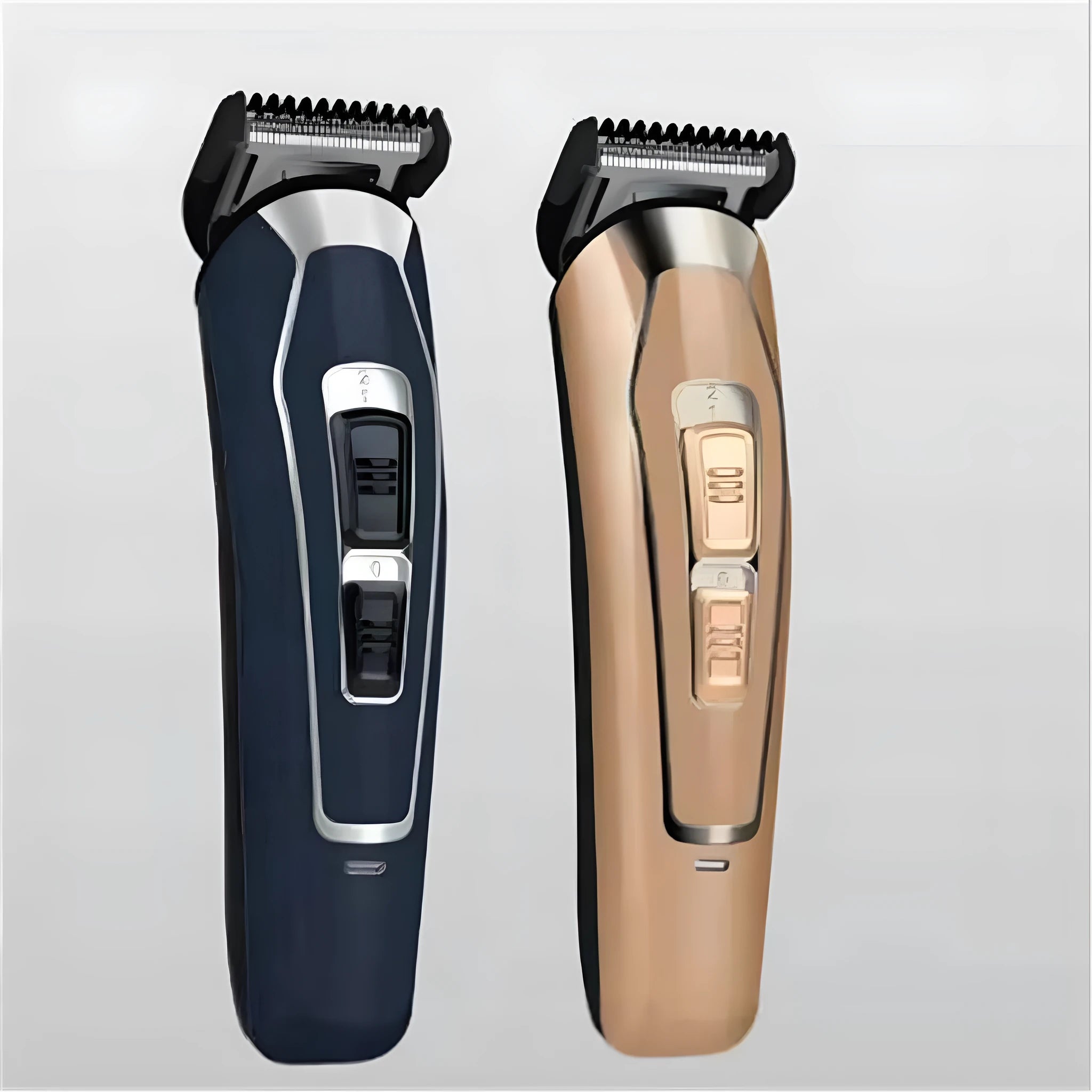 Dark blue cordless rechargeable electric hair clipper with stainless steel blades on a white background.