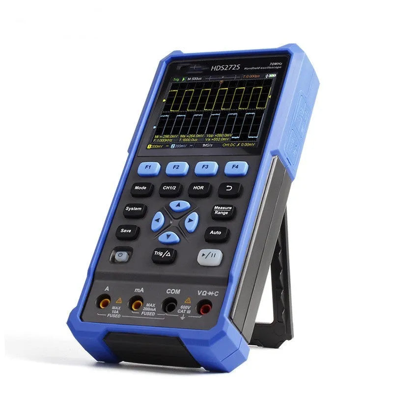 Owon HDS272 handheld digital oscilloscope with probes and accessories on workbench