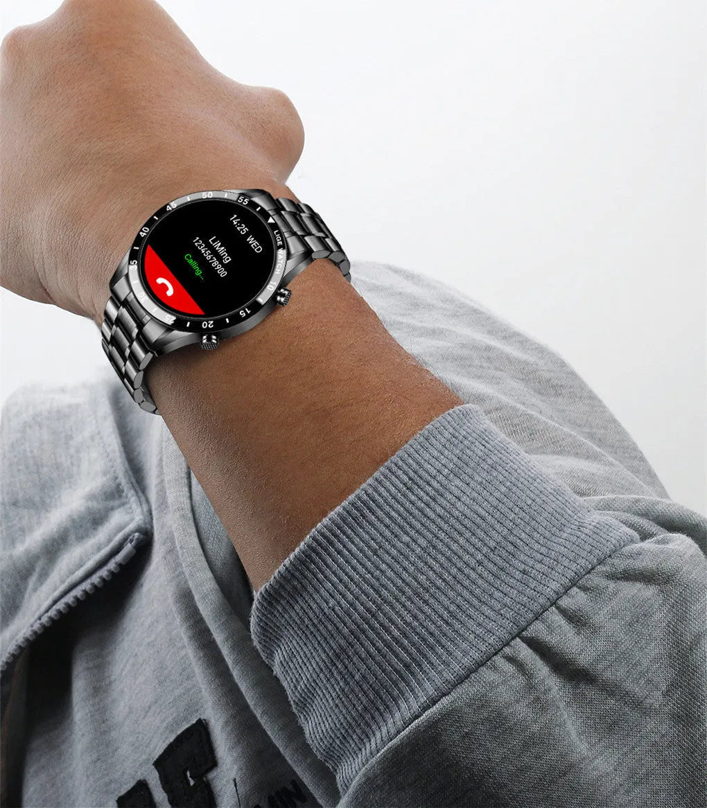 Smart watch with stainless steel band showing 1.3 inch touch screen displaying step count