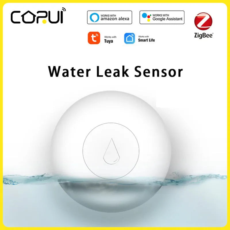 Zigbee wireless water leak sensor flood detector on a white surface.