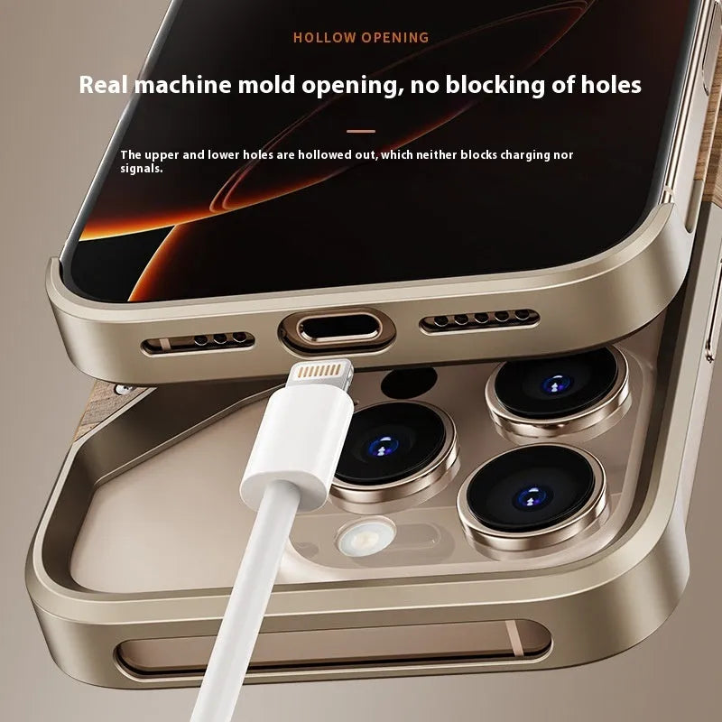 Wooden aluminium alloy phone case in Desert Gold on iPhone 15 Pro Max