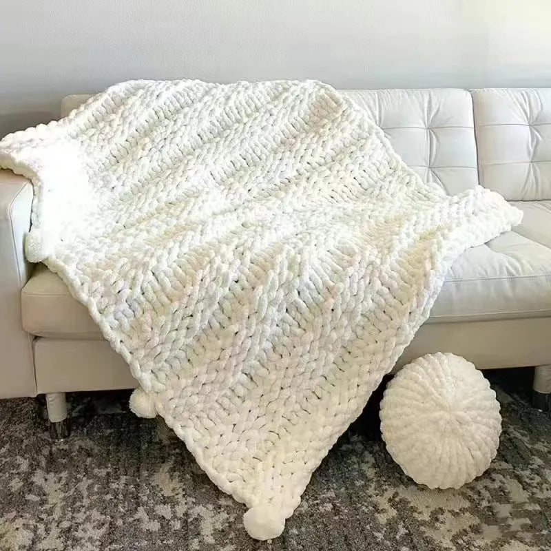 Coarse yarn chenille knitted blanket with braided gravity design in multiple colour options