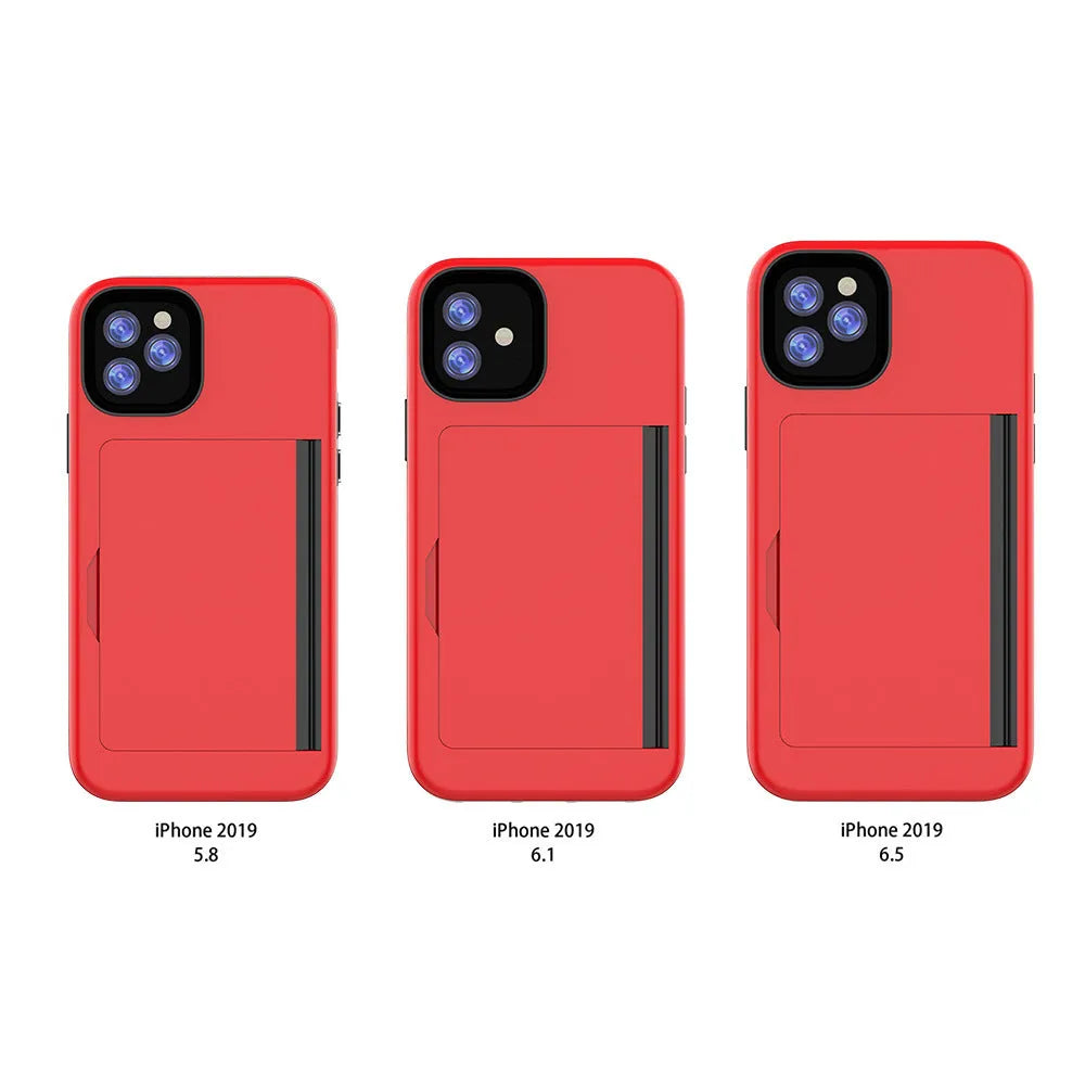 Solid colour iPhone case with hard back and flexible sides for iPhone 11, 11 Pro, and 11 Pro Max in black, blue, red, and purple.