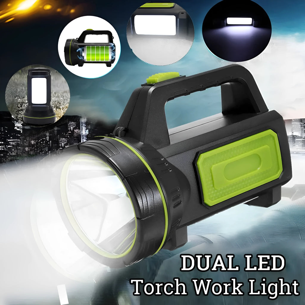Green USB-rechargeable super bright LED flashlight with dual-mode function as torch or table light.