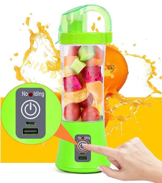 Blue portable handheld USB rechargeable blender with a 400ml clear cup on a table.