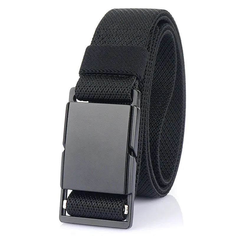 Casual polyester belt with a metal magnetic buckle in one of five colours: black, brown, dark grey, dark khaki, or army green.