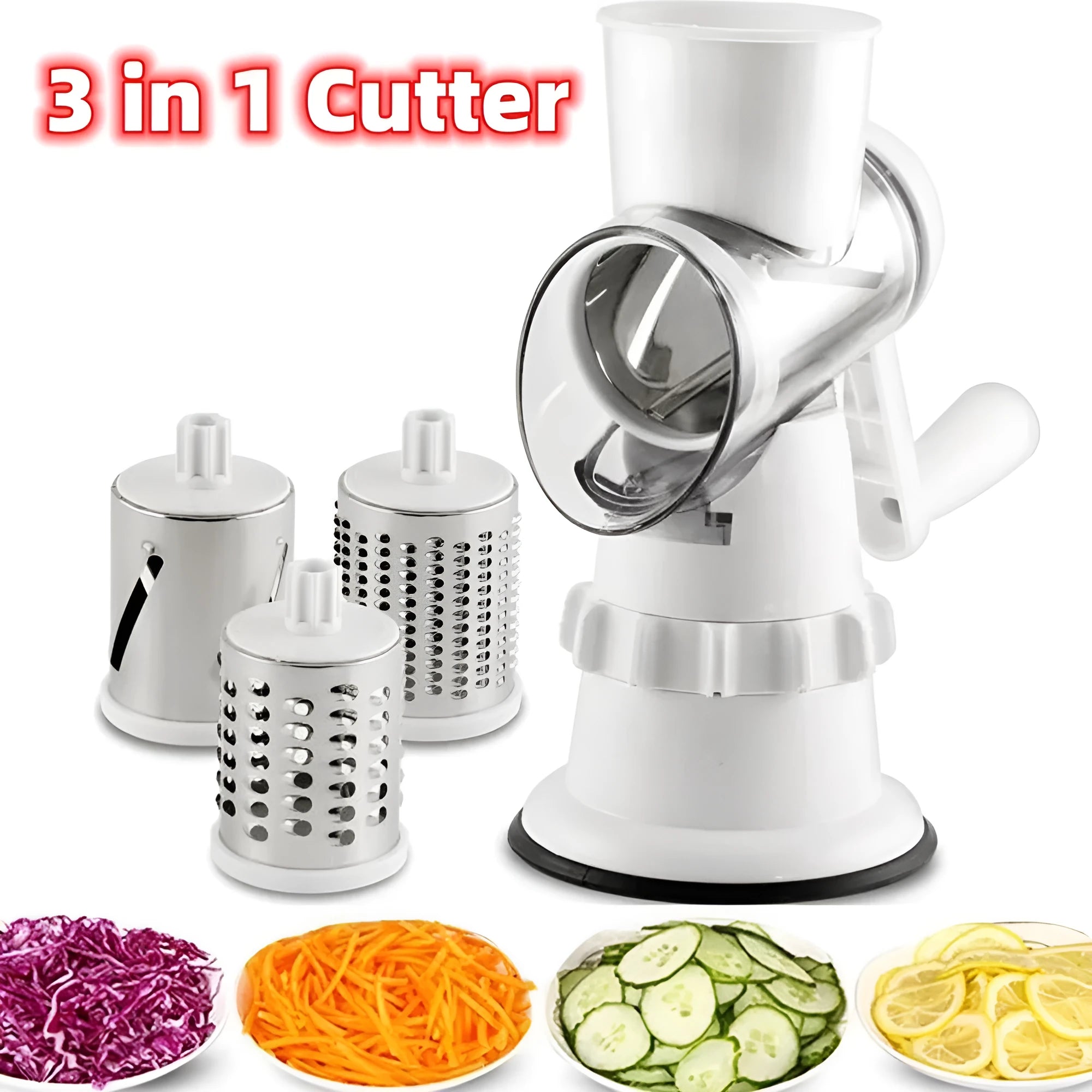 White manual vegetable slicer, grater, and chopper with three stainless steel blades and suction feet.