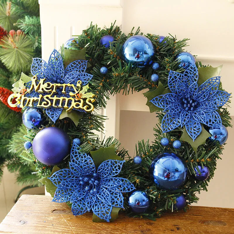 30cm multicolour plastic Christmas wreath with bendable branches on a red door.
