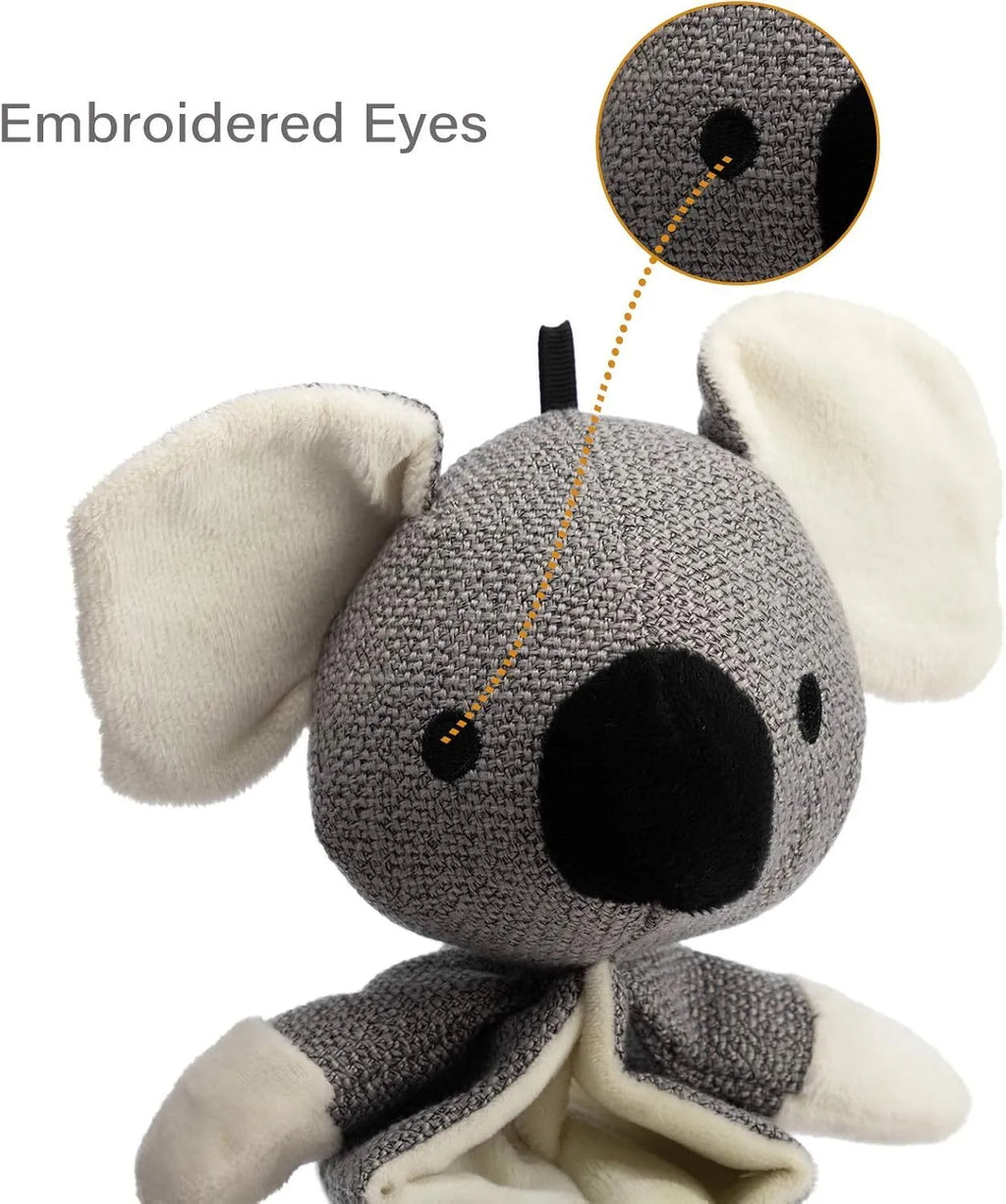 Grey koala-shaped plush dog toy with squeaker and crinkle paper, measuring 30cm.