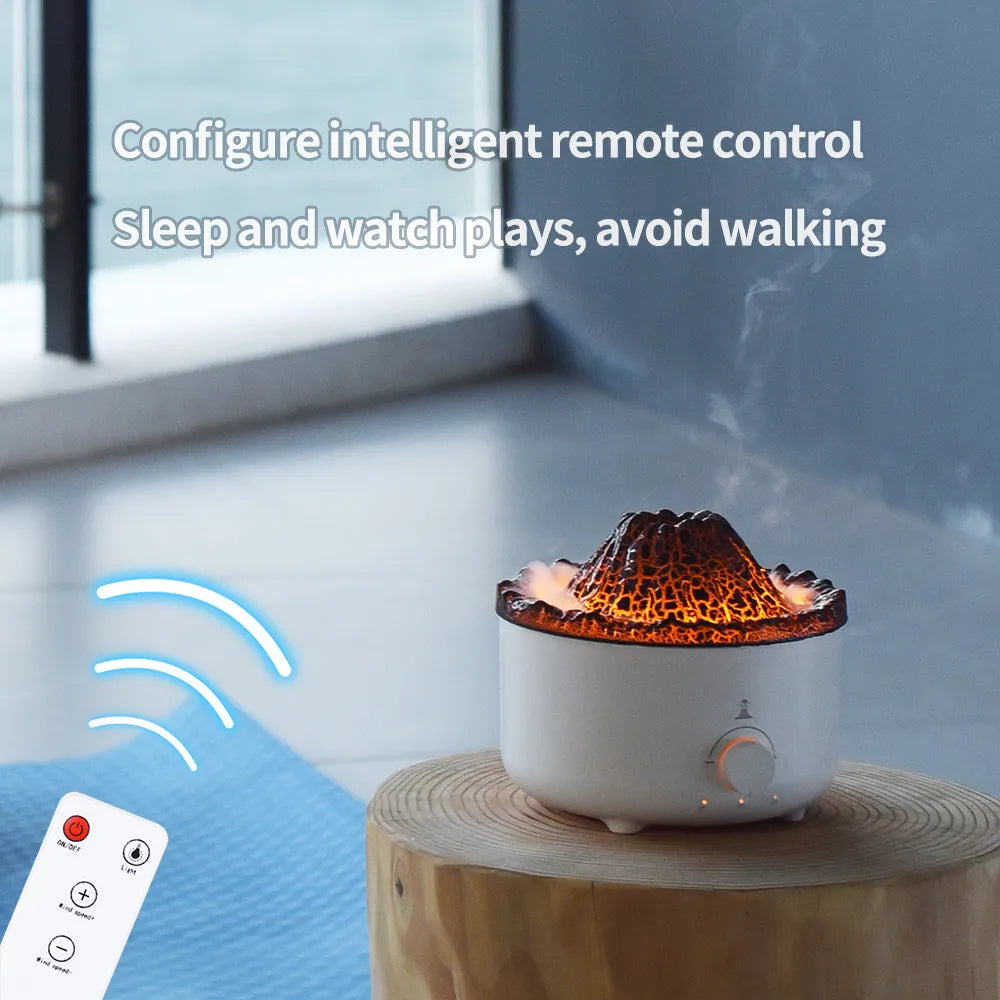 White simulated flame volcano humidifier and aroma diffuser with remote control