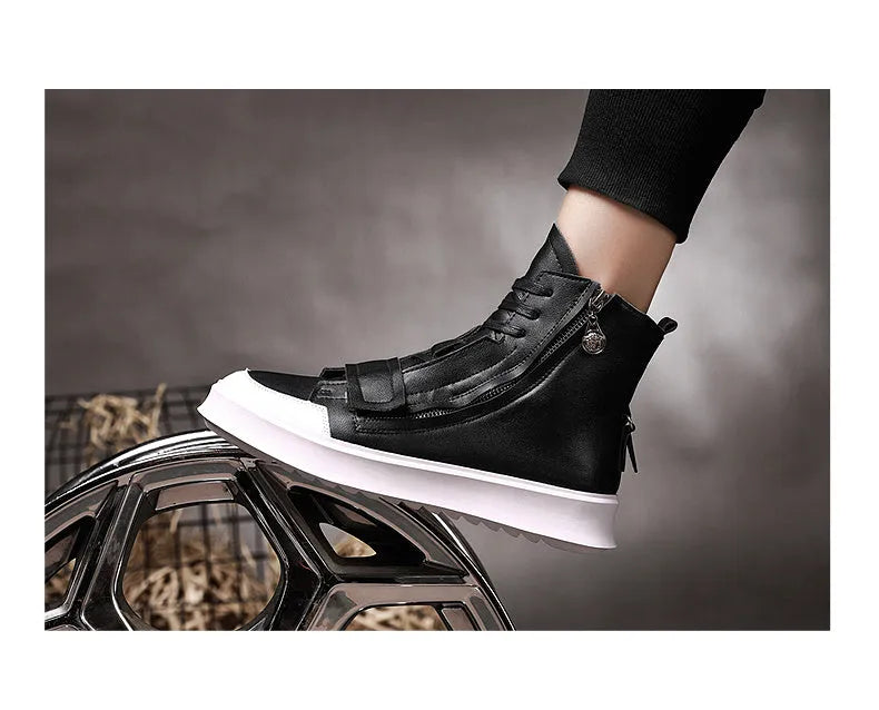 Men's black PU leather ankle boot in high-top sneaker style for winter.