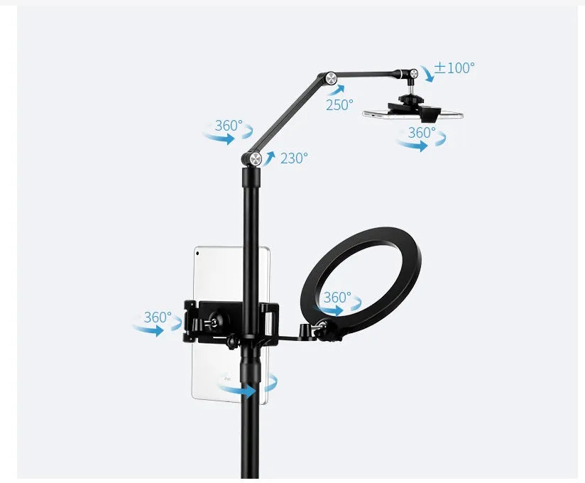 Black aluminium mobile phone tablet stand with fill light for floor-standing live broadcasts